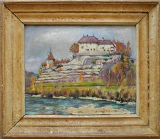 Carl Lottenbach 1899-1985 Schloss Laupen mit Sense Kt. Bern