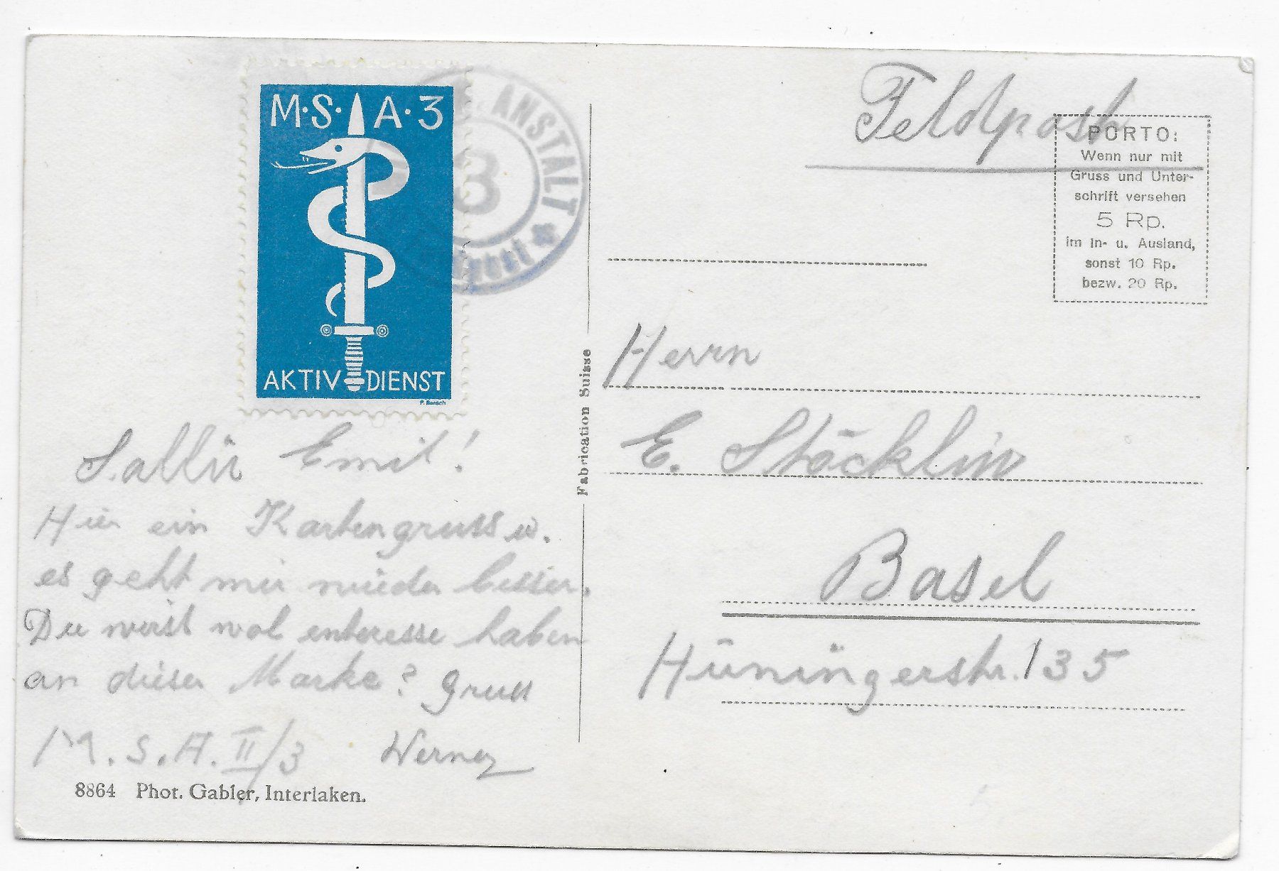 Ansichtskarten: Interlaken, Kirche von Unterseen, Feldpost M.S  A.3 – Gebraucht aus Hefenhofen von Richsalz 1