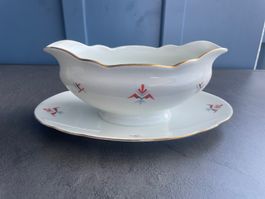Sauciere mit Unterteller weiss goldrand Dekor Retro