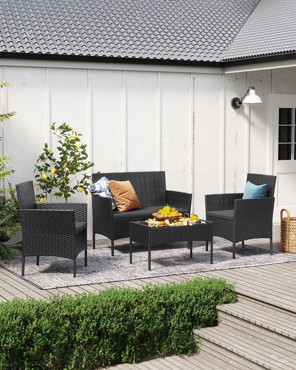 Set di tavolo e panche: Balkonmöbel Gartenmöbel Set Polyrattan Lounge Schwarz JONAS – Nuovo e nell'imballaggio originale da Lachen SZ venduto da MAMORU-MOEBEL 2