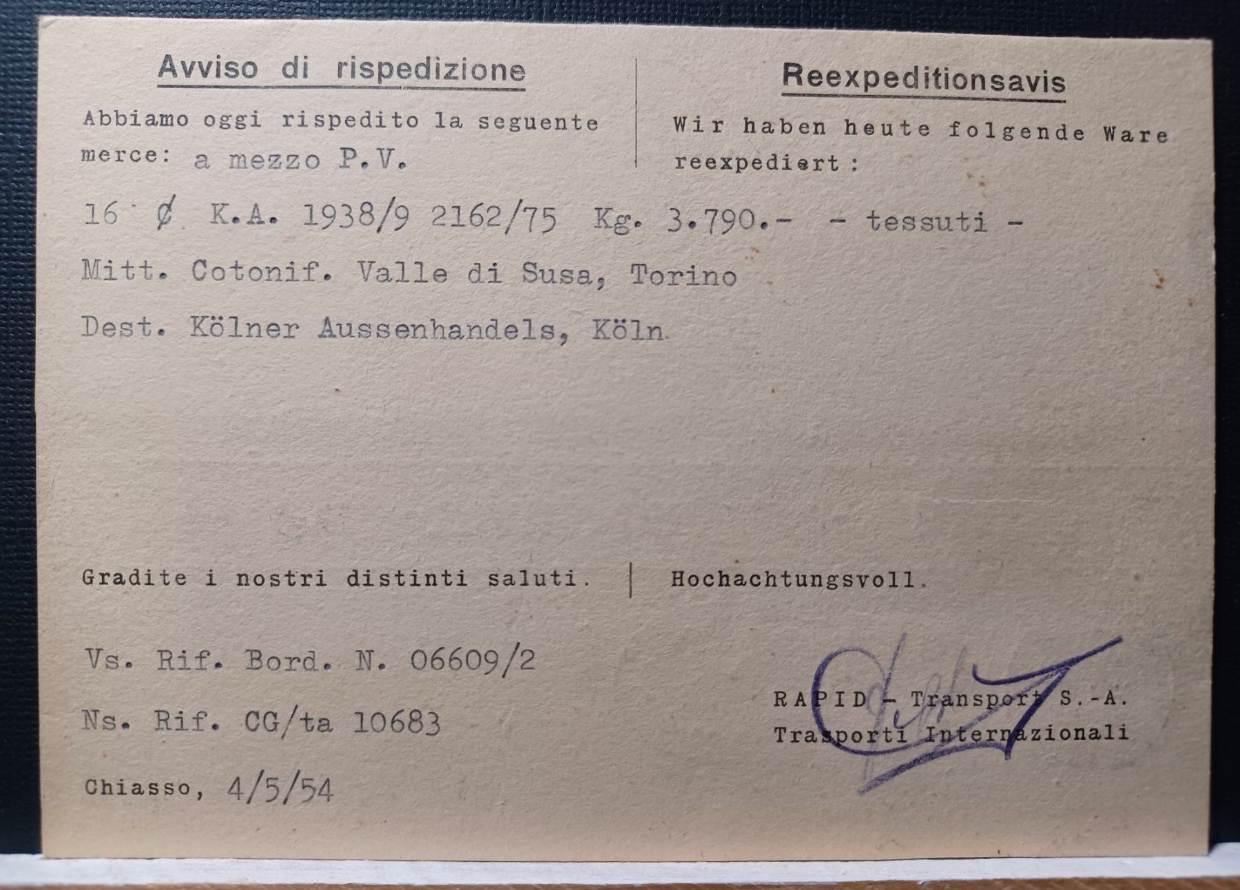 Alle Briefmarken: TI, Rapid Transport S.A. Chiasso 1954 – Gebraucht aus Aarau Rohr von mgvw 2
