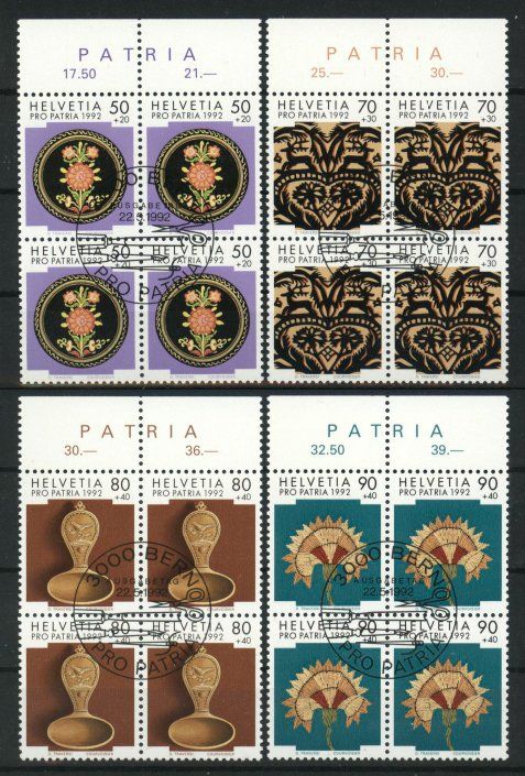 Alle Briefmarken: 1992, Pro Patria, Viererblöcke, ET – Gebraucht aus Willisau von Vollstempel