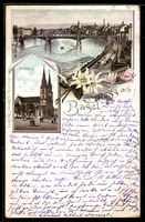 Lithographie Basel, Rhein mit Brücke und Cathédrale