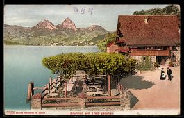 AK Brunnen, Ortsansicht mit Restaurant von Treib aus gesehen