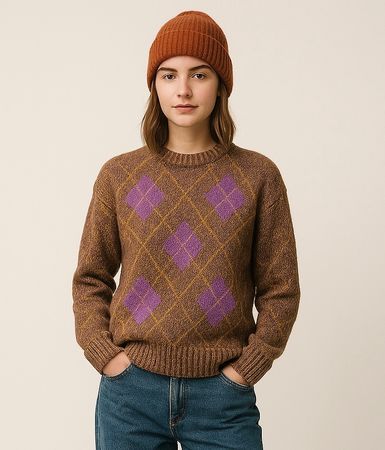 Greenland Argyle Sweater XL, brown, lilac, and gold