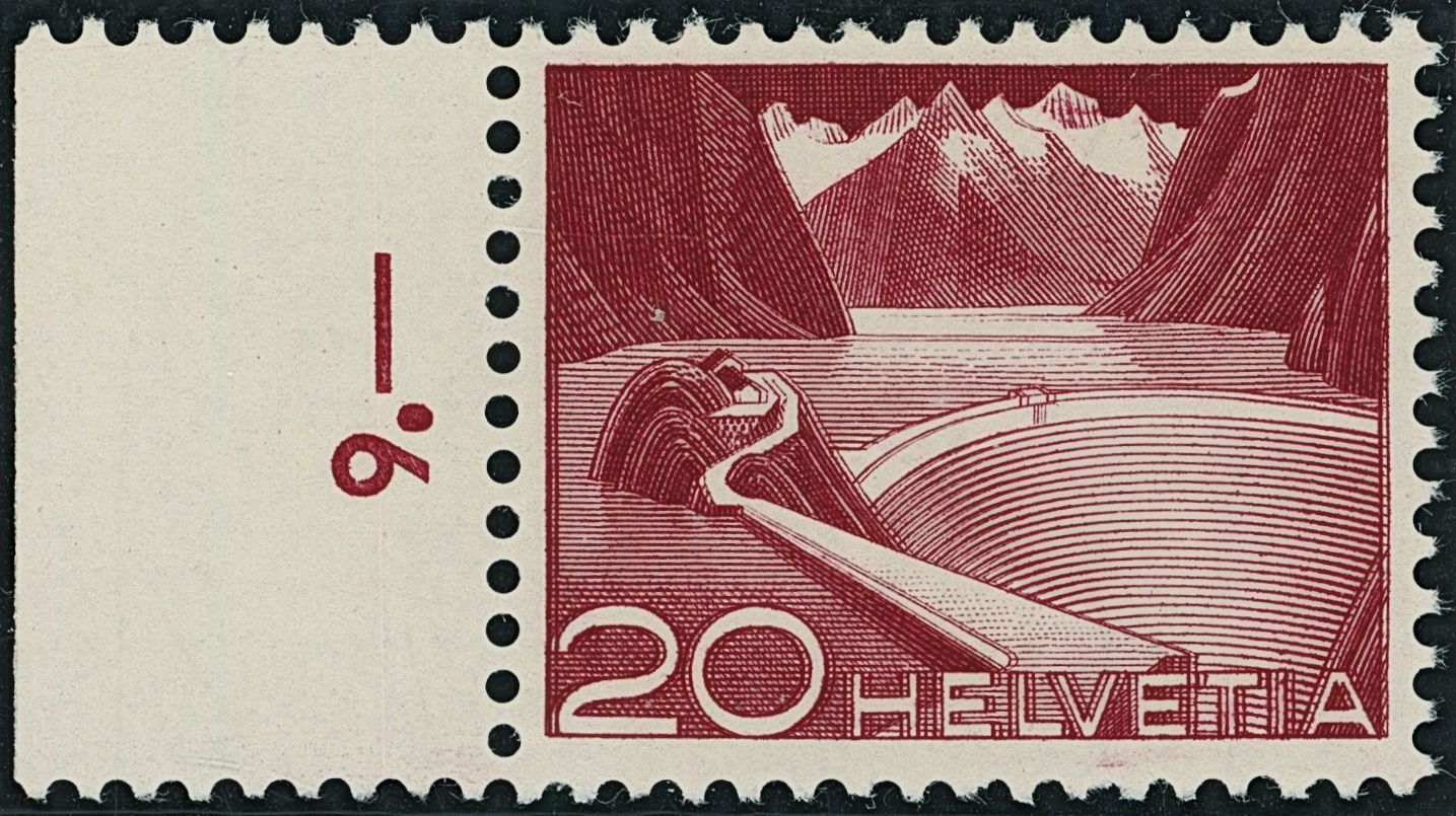 Tutti i francobolli: 1949 - Technik + Landschaft - 20Rp. Grimsel Stausee - Abart – Nuovo (secondo la descrizione) da Schindellegi venduto da leecollect