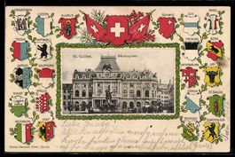 Passepartout-AK St. Gallen, Börsenplatz, Schweizer Wappen