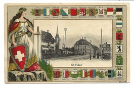 St. Fiden (SG) Kirche - Hirschen - Wappen-Präge-Litho - 1912