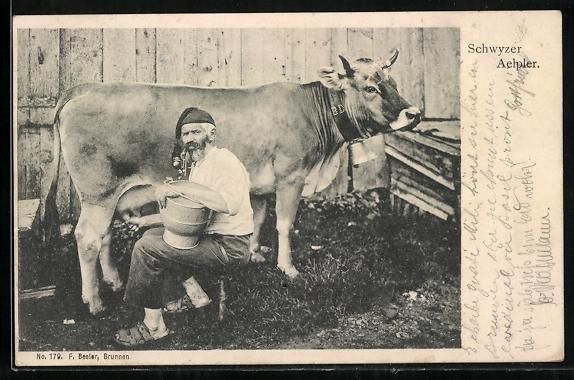 Ansichtskarten: AK Schwyzer Aelpler beim Melken, 1904 – Gebraucht aus Berlin von bartko-reher