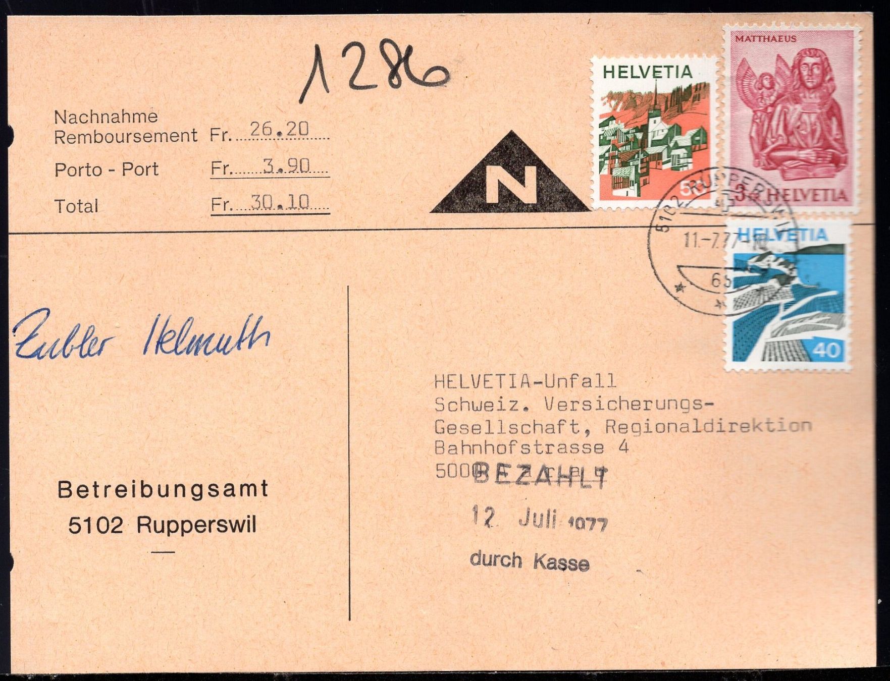 Alle Briefmarken: Rupperswil  11.7.77   Nachnahme – Gebraucht aus Aarau von kufi44