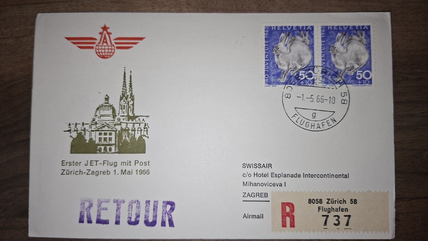 Alle Briefmarken: Jet Flug Zürich - Zagreb 01.05.1966  – Gebraucht aus Balgach von SIMEON27