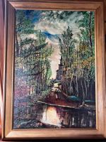 Tableau vintage signé – Chemin forestier, village & reflets