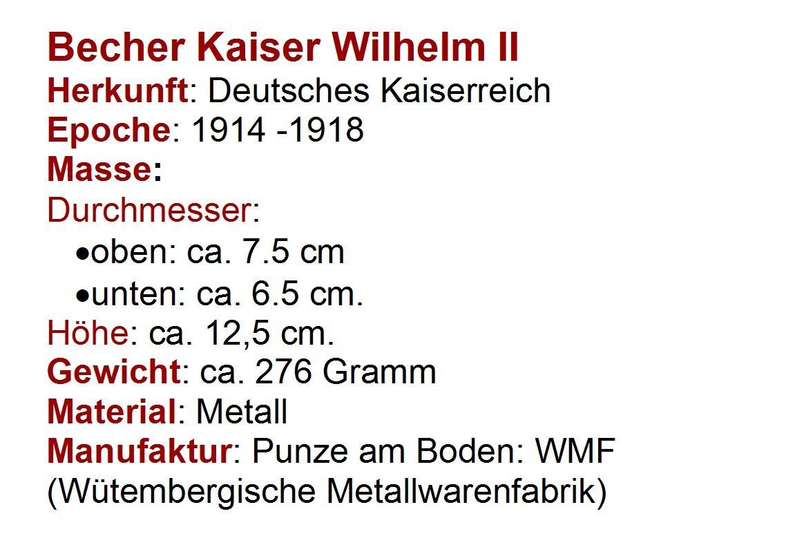 Medaglie: Becher Kaiser Wilhelm II 1914 - 1918 – Usato da Flamatt venduto da samowarow 1
