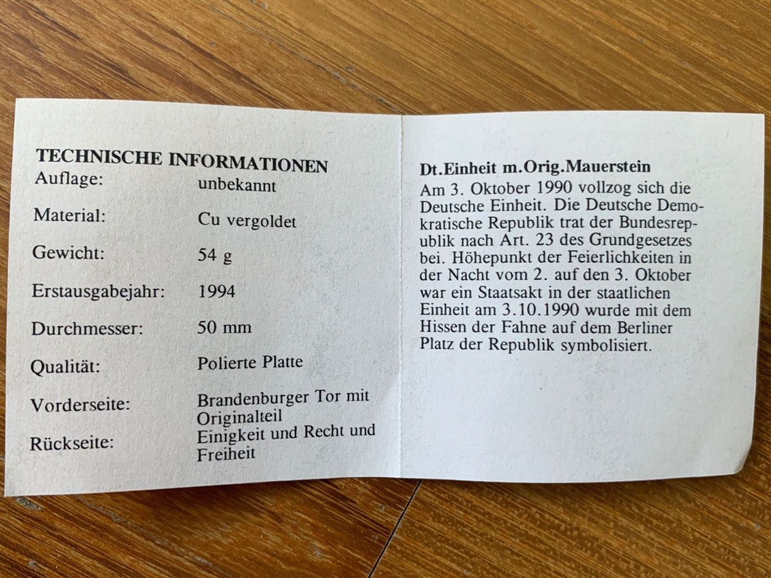 Medaillen: Medaille: Deutsche Einheit mit Original Mauerstein – Gebraucht aus Edlibach von RUW19 6