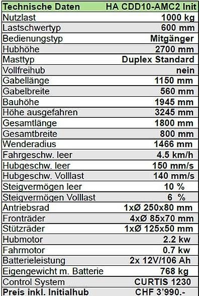 Gabelstapler & Hubwagen: Elektro Deichselstapler HANGCHA HA - CDD10-AMC2 Init – Neu und originalverpackt aus Opfikon von total-shop 2