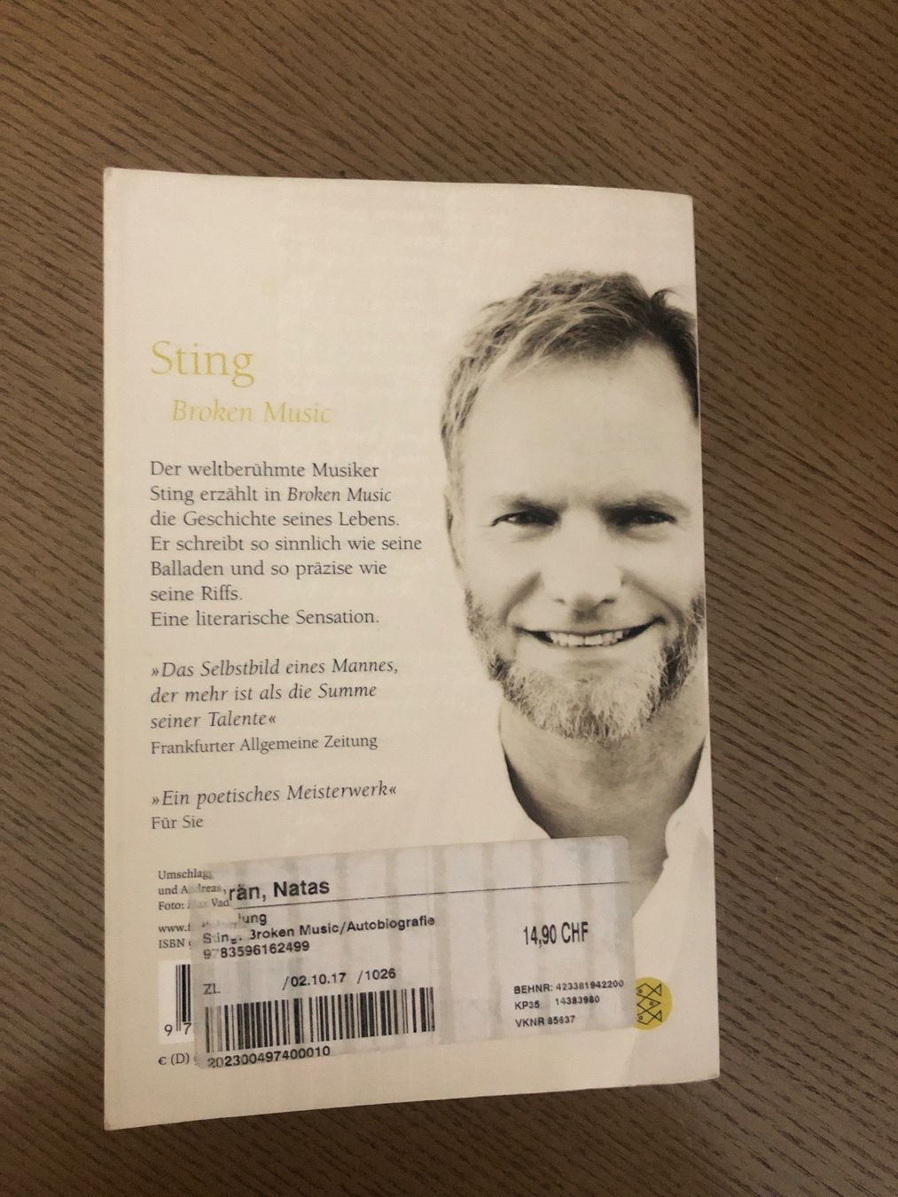 Bücher: Buch „Brocken Music“ von Sting – Gebraucht aus St. Moritz von Capricorn88 2