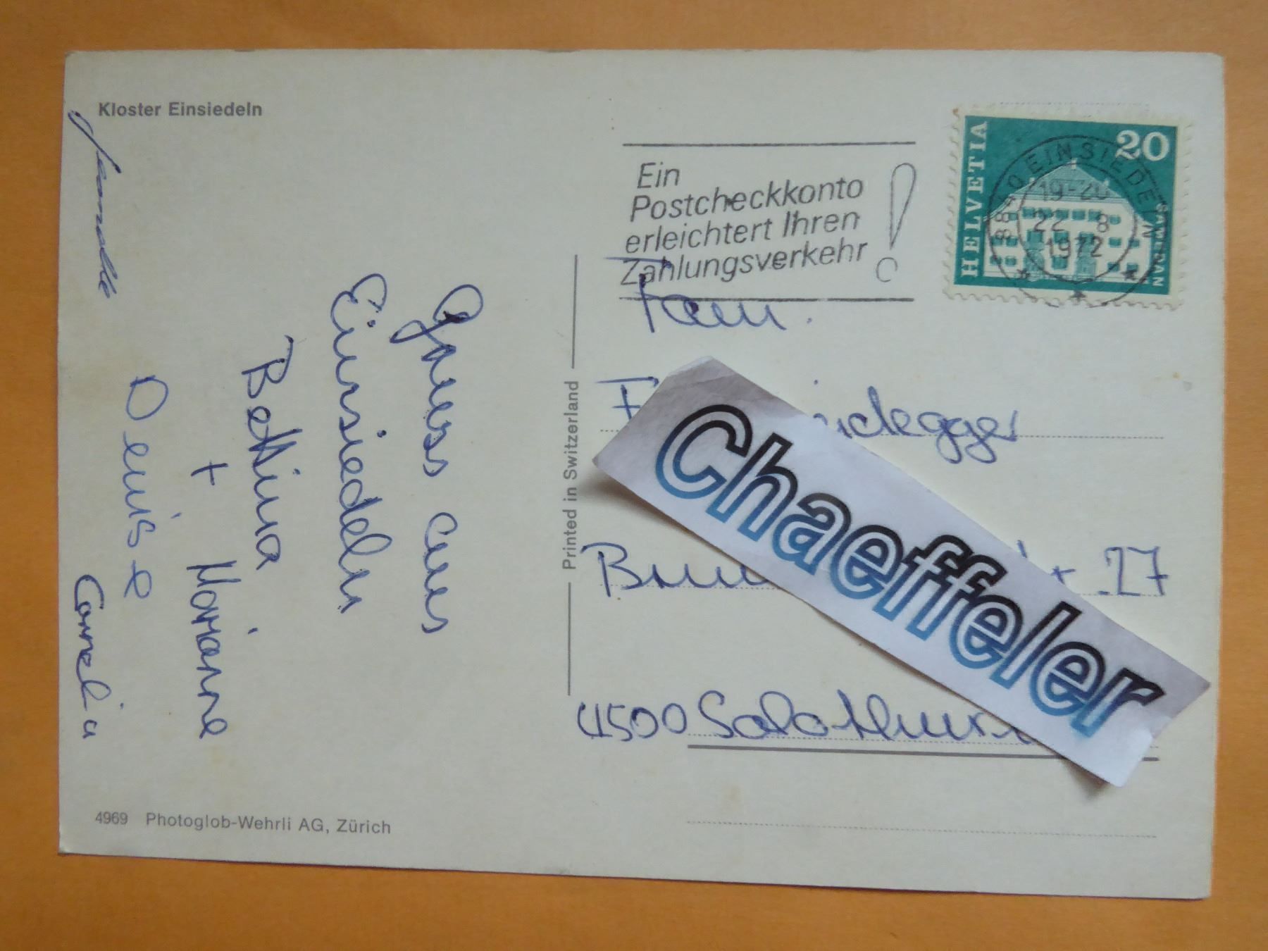 Cartoline postali: 1972 Kloster Einsiedeln – Usato da Zürich venduto da Chaeffeler 1