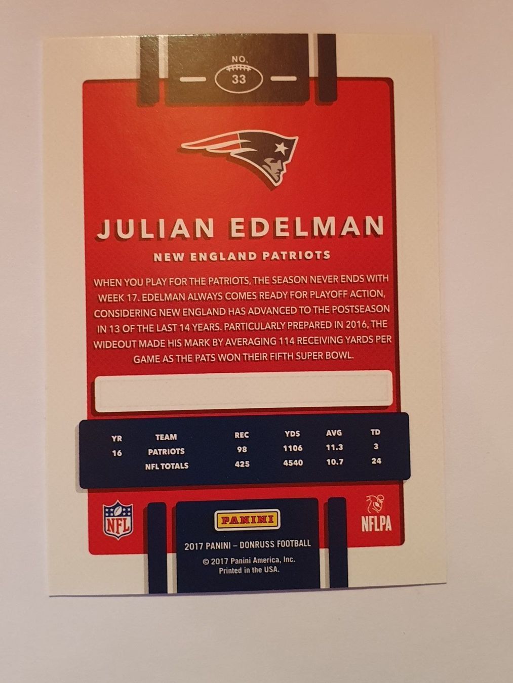Panini Sammelbilder & Trading cards: Edelman Patriots 2017 Donruss NFL Card – Gebraucht aus Oberdorf BL von BaldenEagle 1