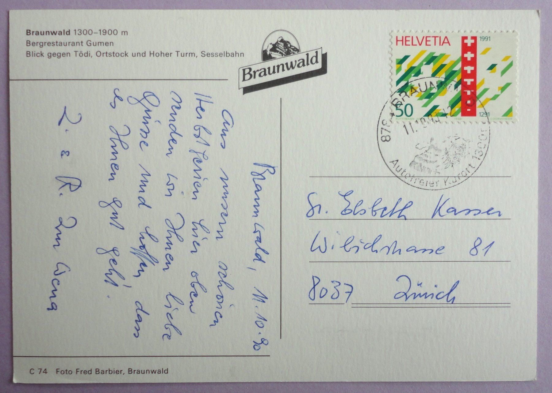 Ansichtskarten: Braunwald, Bergrest. Gumen – Gebraucht aus Fétigny von Billy2miny 1