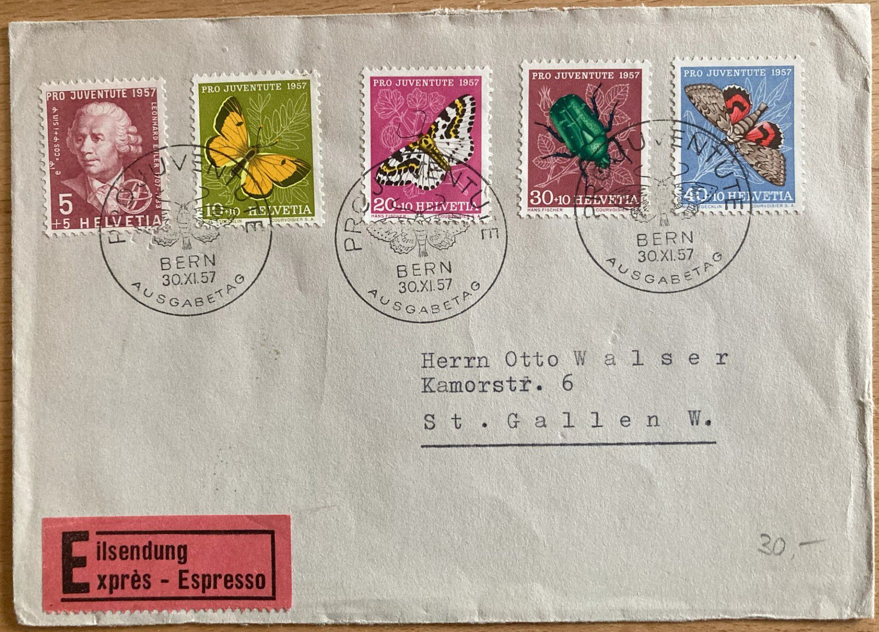 Alle Briefmarken: FDC Pro Juventute 1957 ET BERN, SBK 50 Fr. – Gebraucht aus Flawil von Furti