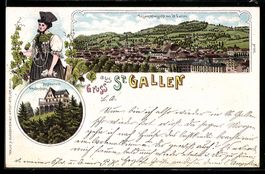 Lithographie St. Gallen, Gesamtansicht und Restaurant Freude