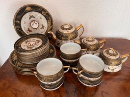 Koshida Satsuma-Stil Kaffeeservice, handbemalt, Gold/Schwarz
