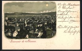 Lithographie Bienne, Totalansicht, 1900