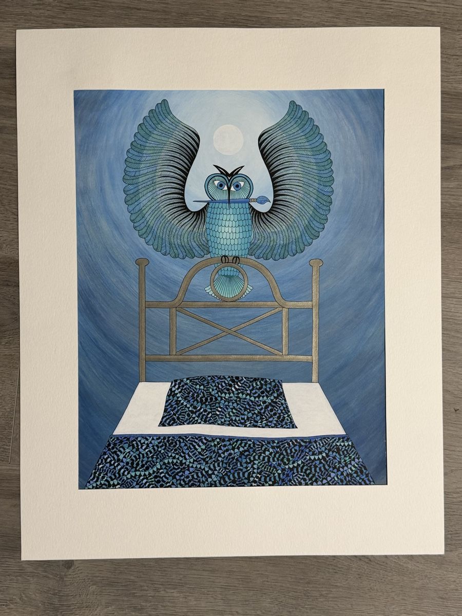 Poster & Bilder: Kunstwerk: Handgemaltes Bild mit Eule & Bett, blau. – Gebraucht aus Gunten von starfish3