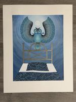 Kunstwerk: Handgemaltes Bild mit Eule & Bett, blau.