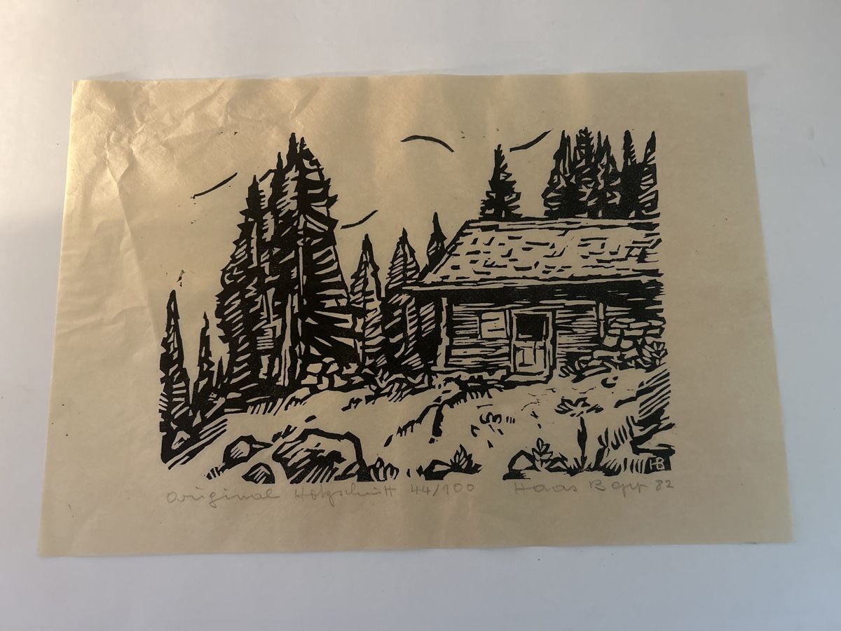 Holzschnitte: Original Holzschnitt "Waldhütte" signiert – Gebraucht aus Glarus von KunstWerkEr-LS87