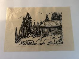 Original Holzschnitt "Waldhütte" signiert