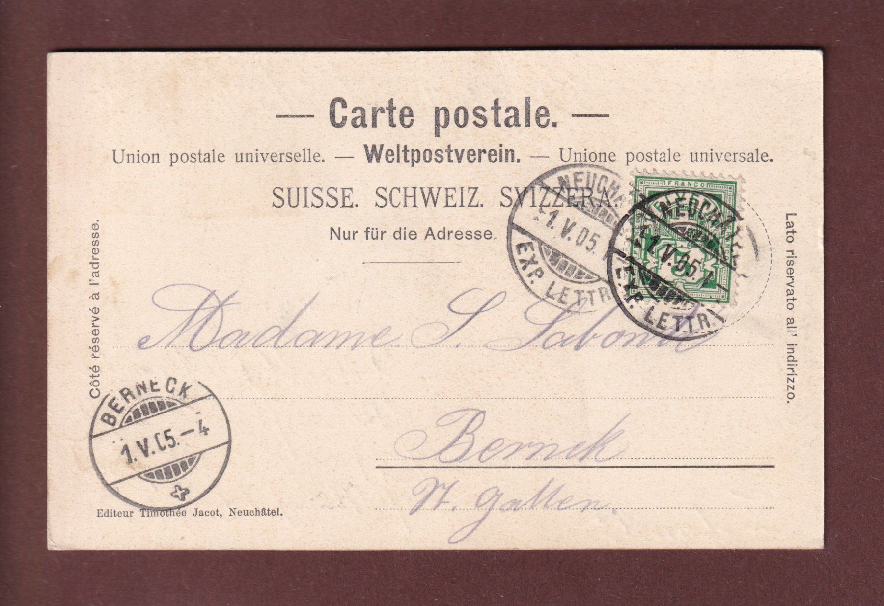 Cartoline postali: Souvenir de NEUCHÂTEL - 1905 – Usato da Pully venduto da nicecards 1