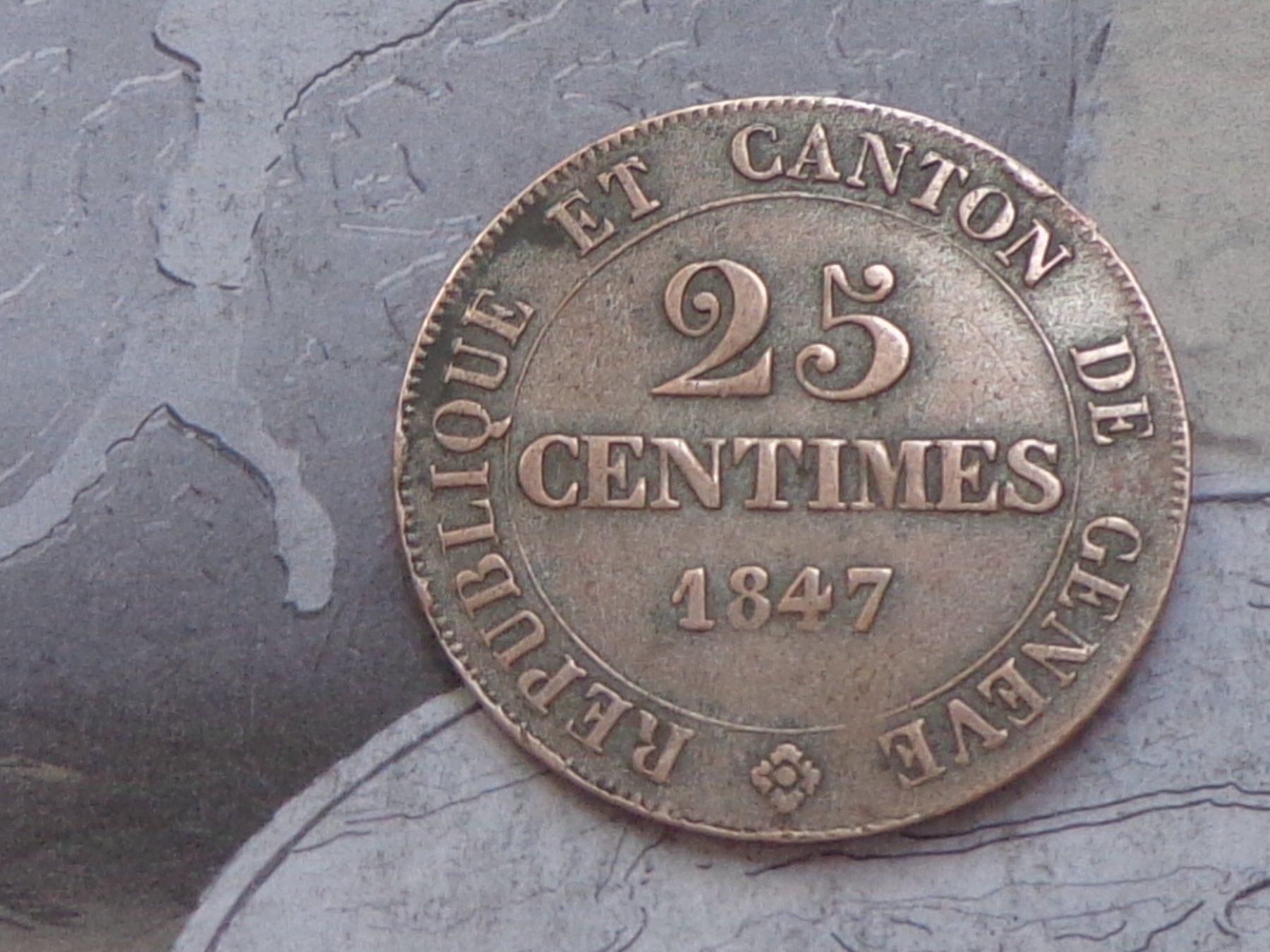 Tutti le monete: République et Canton  de Genève  25 centimes 1847 – Usato da Pully venduto da UCA01