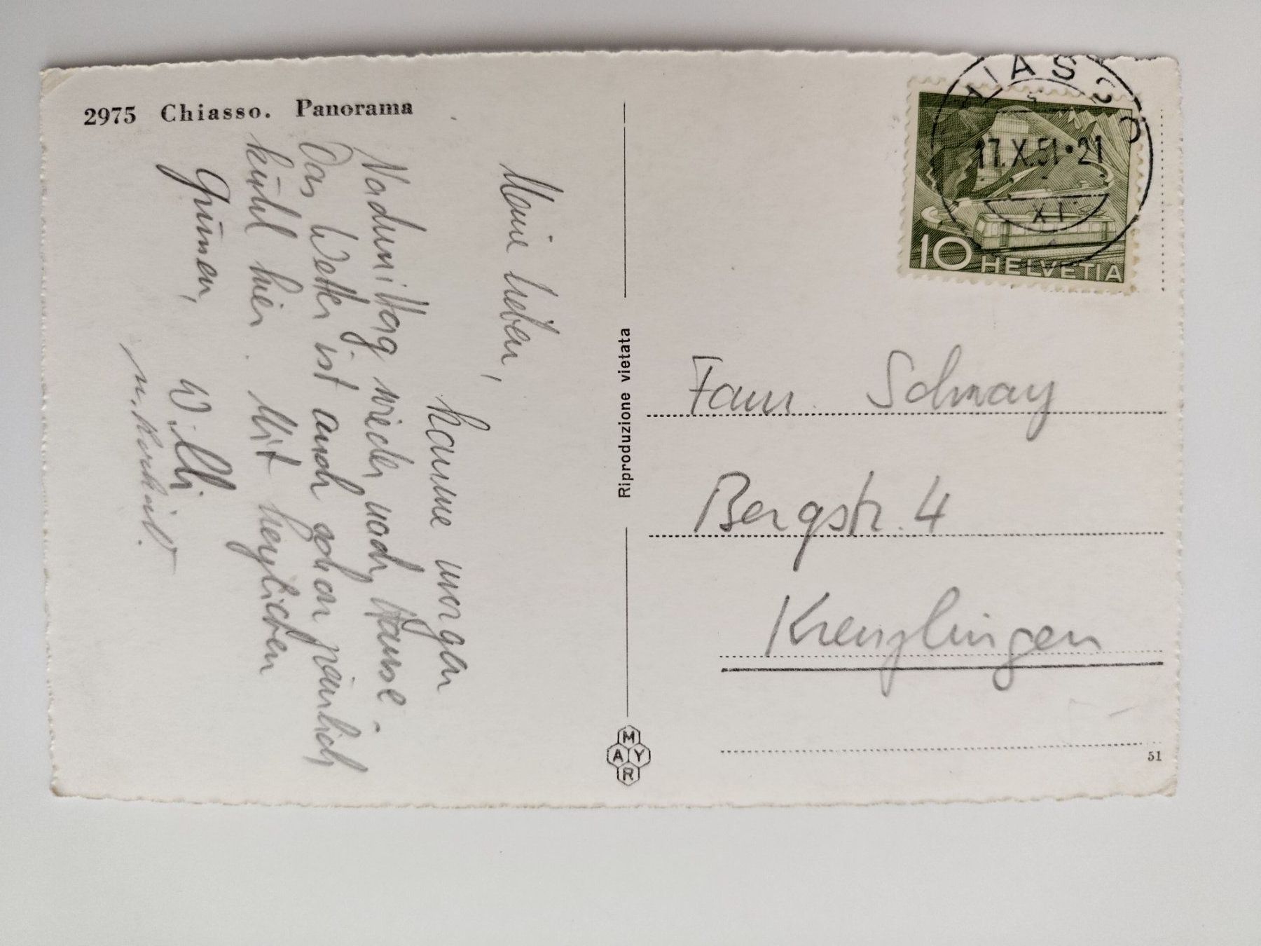 Cartoline postali: Chiasso Panorama, dat. 1951 – Usato da Ohmstal venduto da Lebensfreude05 1
