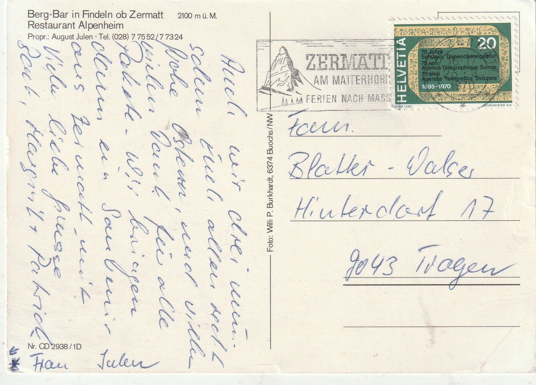 Cartoline postali: Berg Bar Findeln bei Zermatt – Usato da Lumbrein venduto da made02 1