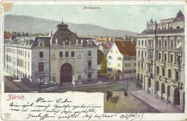 Zürich.  -  Paradeplatz.   Belebt: Tram u. Pferdegespann