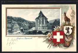 Litho Appenzell, Ortsansicht mit Wappen