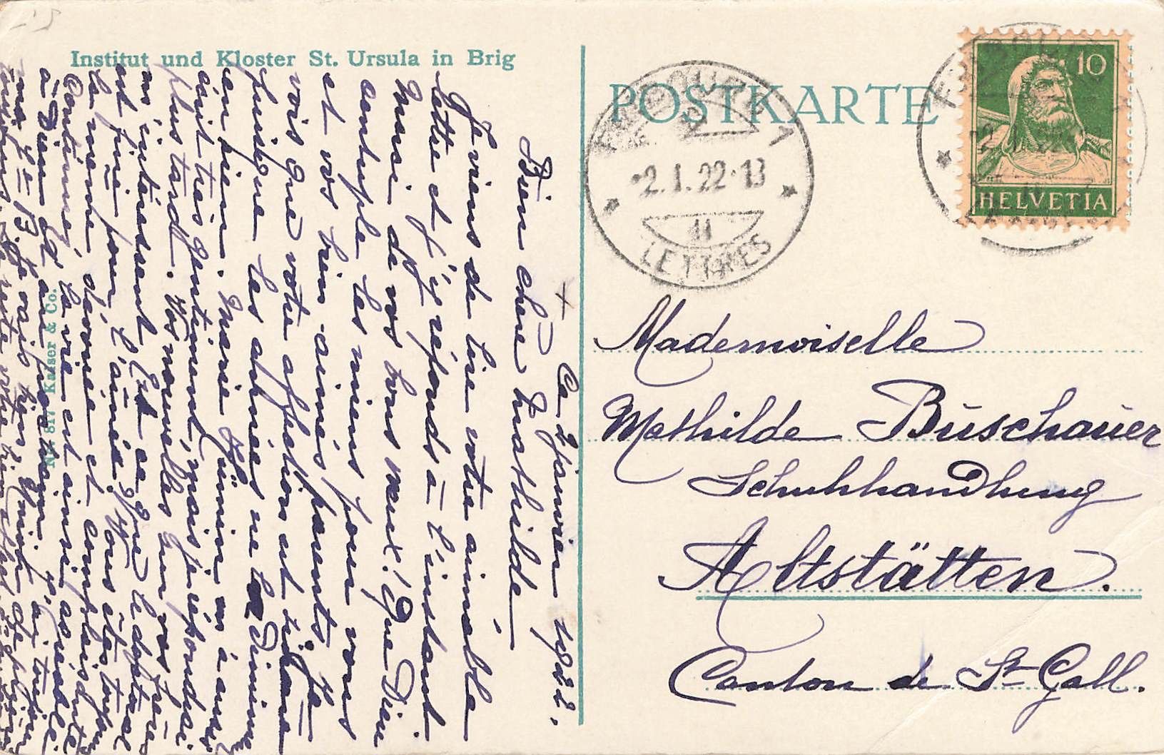 Cartoline postali: Institut und Kloster st. Ursula Brig – Usato da Biasca venduto da Blenio71 1