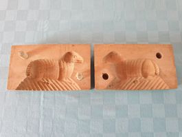 Altes Buttermodel Schaf, Holz geschnitzt, zweiteilig