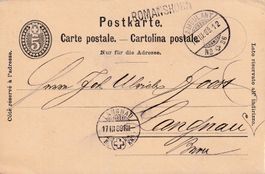1889: 5 Rp. Amtl. GS-PK, Stabstempel ROMANSHORN - Langnau