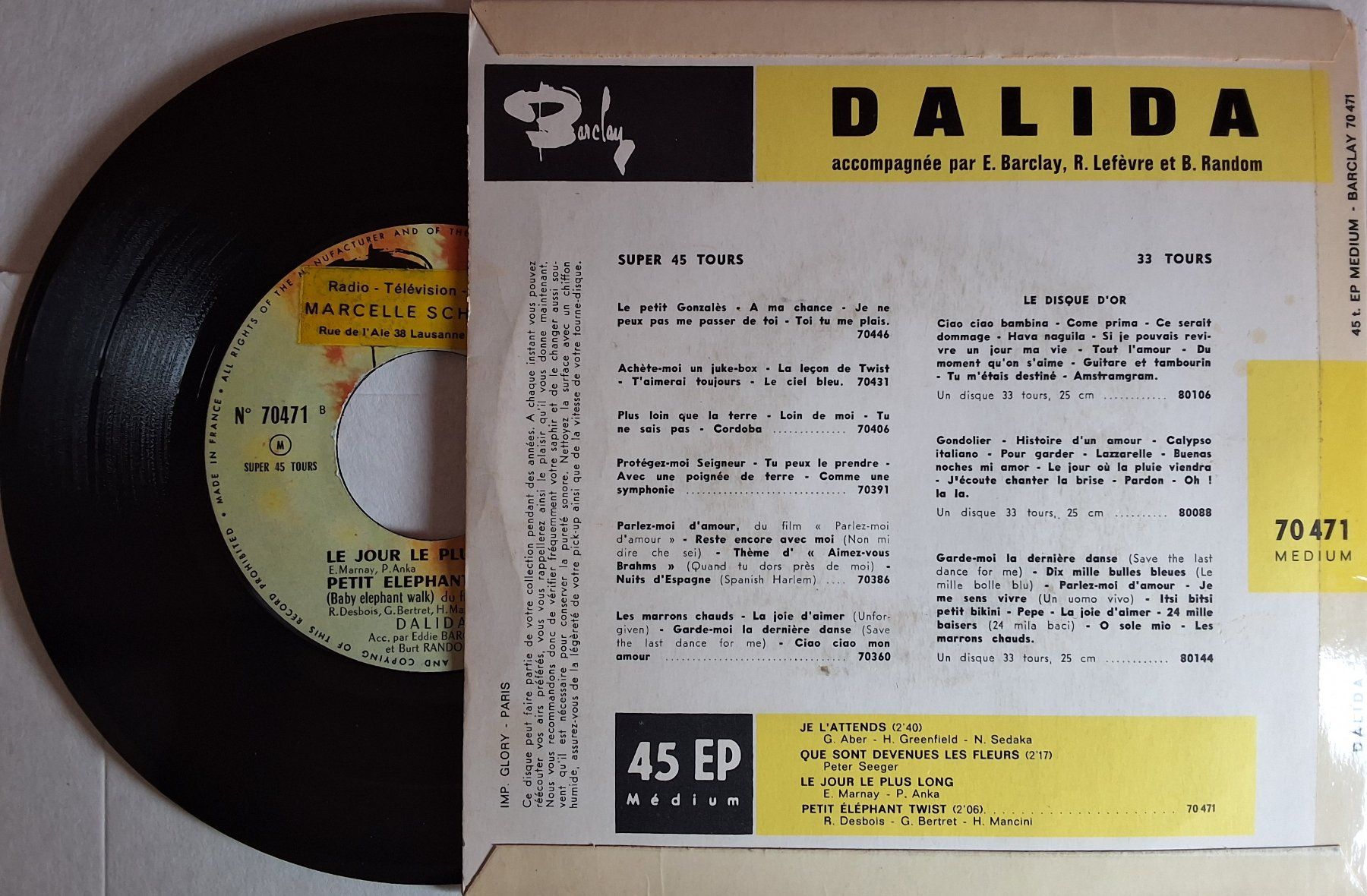 Dischi in vinile: Vinyl single- Dalida - 45 EP Medium - Barclay 70471 - Rare – Usato da Villeret venduto da Fil11 1
