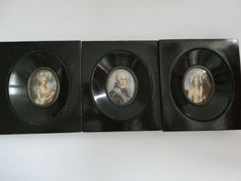 3 Miniaturportraits Lupenmalerei auf Knochen 1850-1860