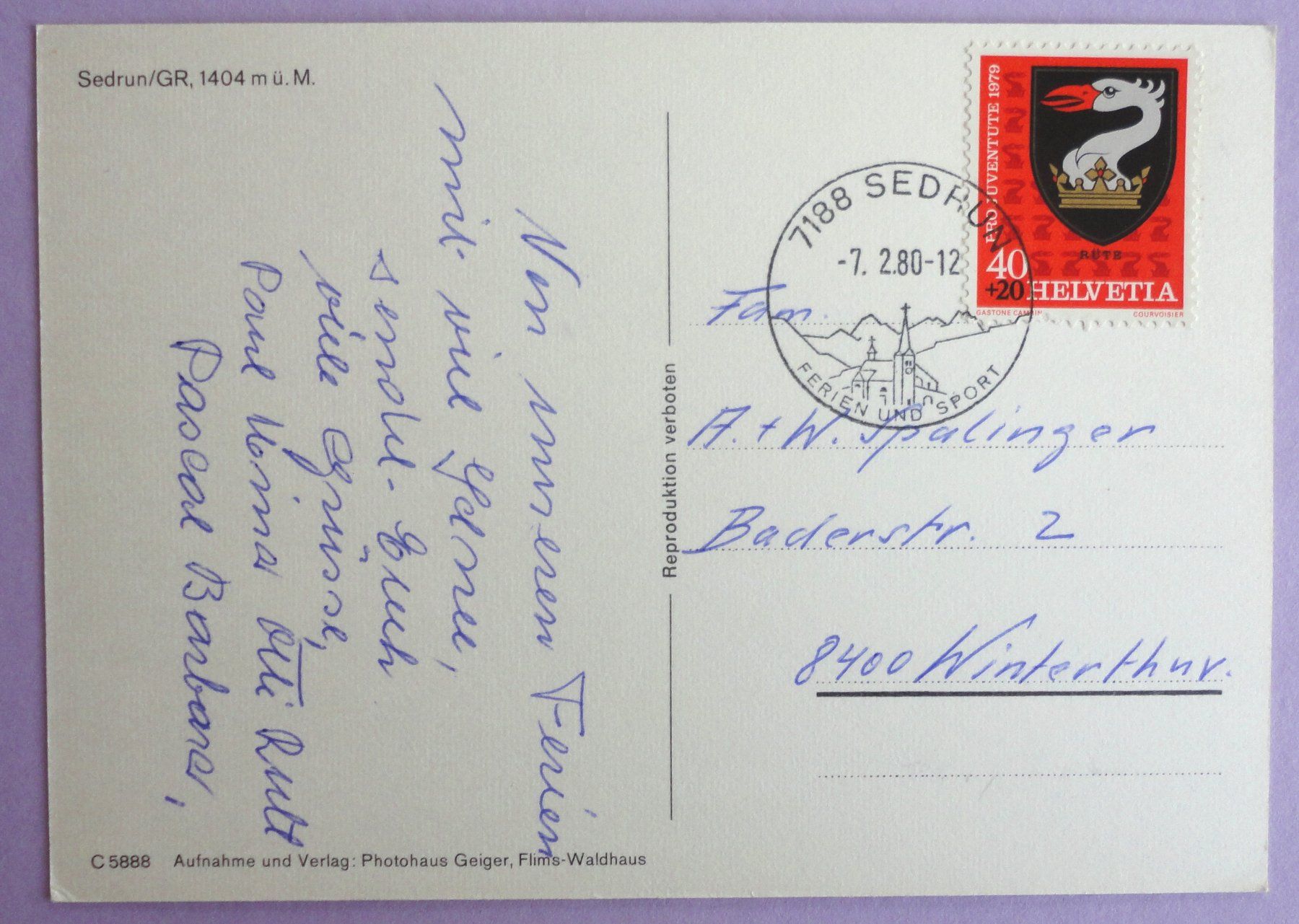 Cartoline postali: Sedrun 1404 m ü.M. – Usato da Fétigny venduto da Billy2miny 1