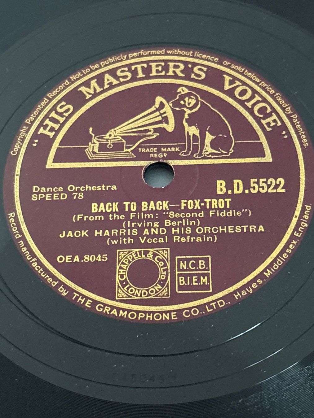 Schallplatten: Schallplatte Jack Harris Orchestra Fox-Trott B.D.5522 – Gebraucht aus Ibach von lisch3