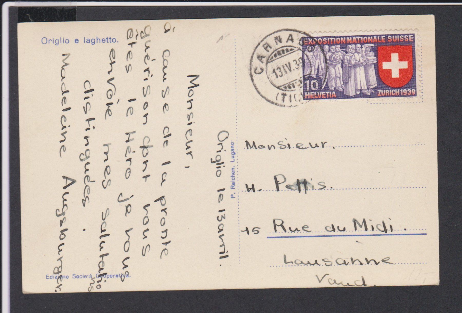 Cartoline postali: Origlio   TI   -   alte Ansichtskarte um 1939 – Usato da Vitznau venduto da Ropaku 1