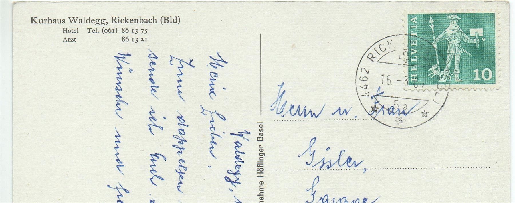 Cartoline postali: RICKENBACH BL Kurhaus Waldegg – Usato da Jona venduto da philajona 1