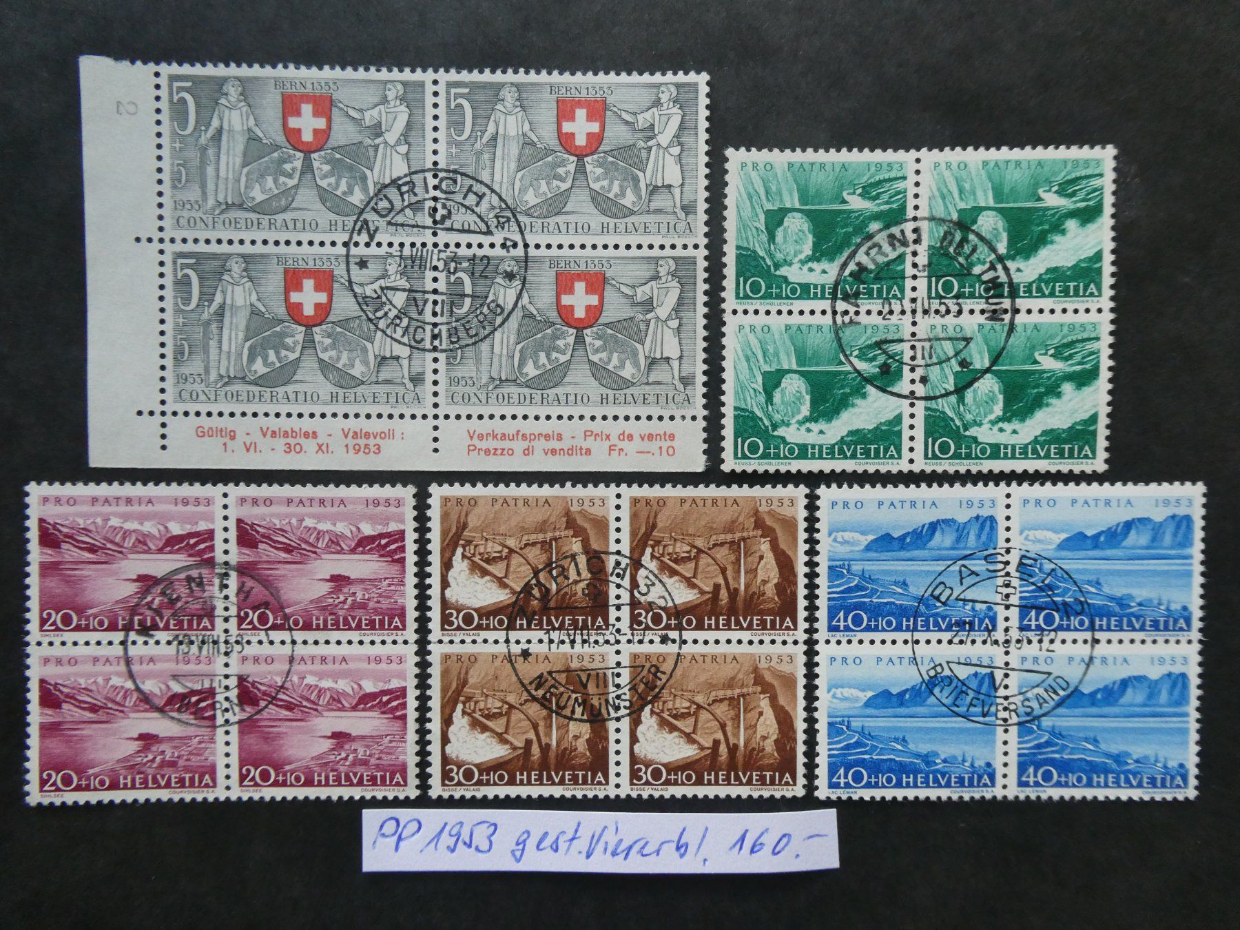 Alle Briefmarken: Pro Patria 1953 gestempelte Viererblöcke – Gebraucht aus Lausen von Herbamare01