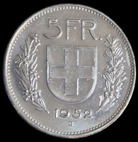 Top Silber 5 Franken 1952 Schweiz Vorz