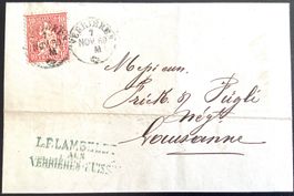 1869  Sitzende Helvetia Brief - Verrières - Lausanne Inhalt