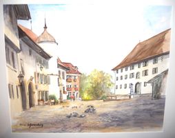 Aquarell Altstadt Brugg AG, A. Schwarzberg, in Wechselrahmen